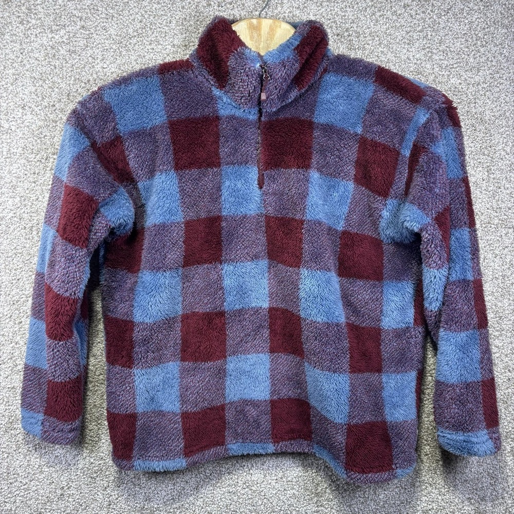 Eddie Bauer Fleece Jacket Womens XL Blue‎ Burgundy Plaid 1/4 Zip Short Warm